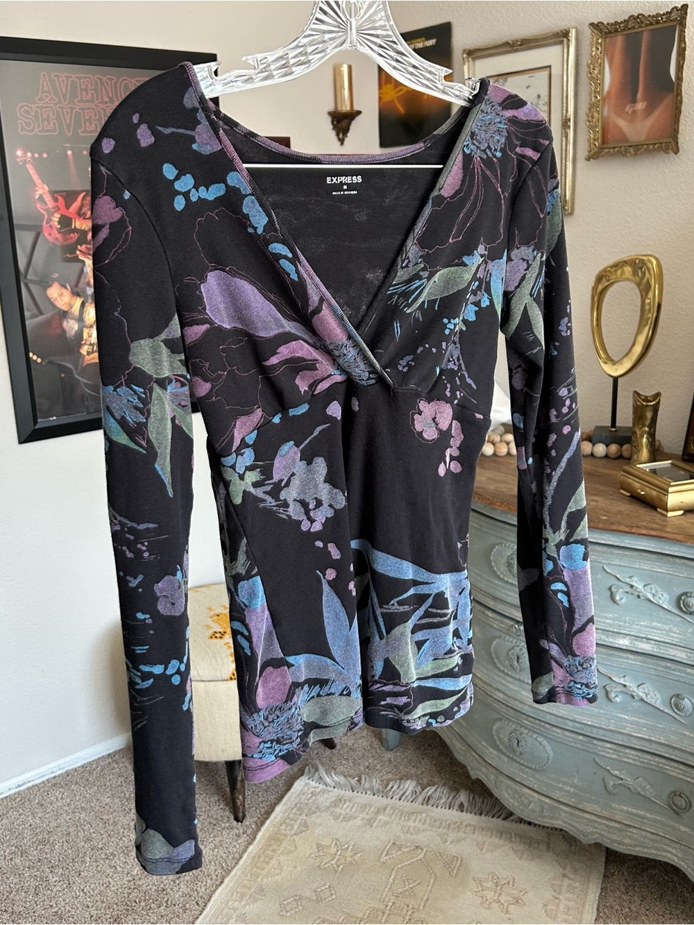Vintage 90s Y2K Floral Long Sleeve Top Womens M Grunge Whimsigoth Fairy Cotton